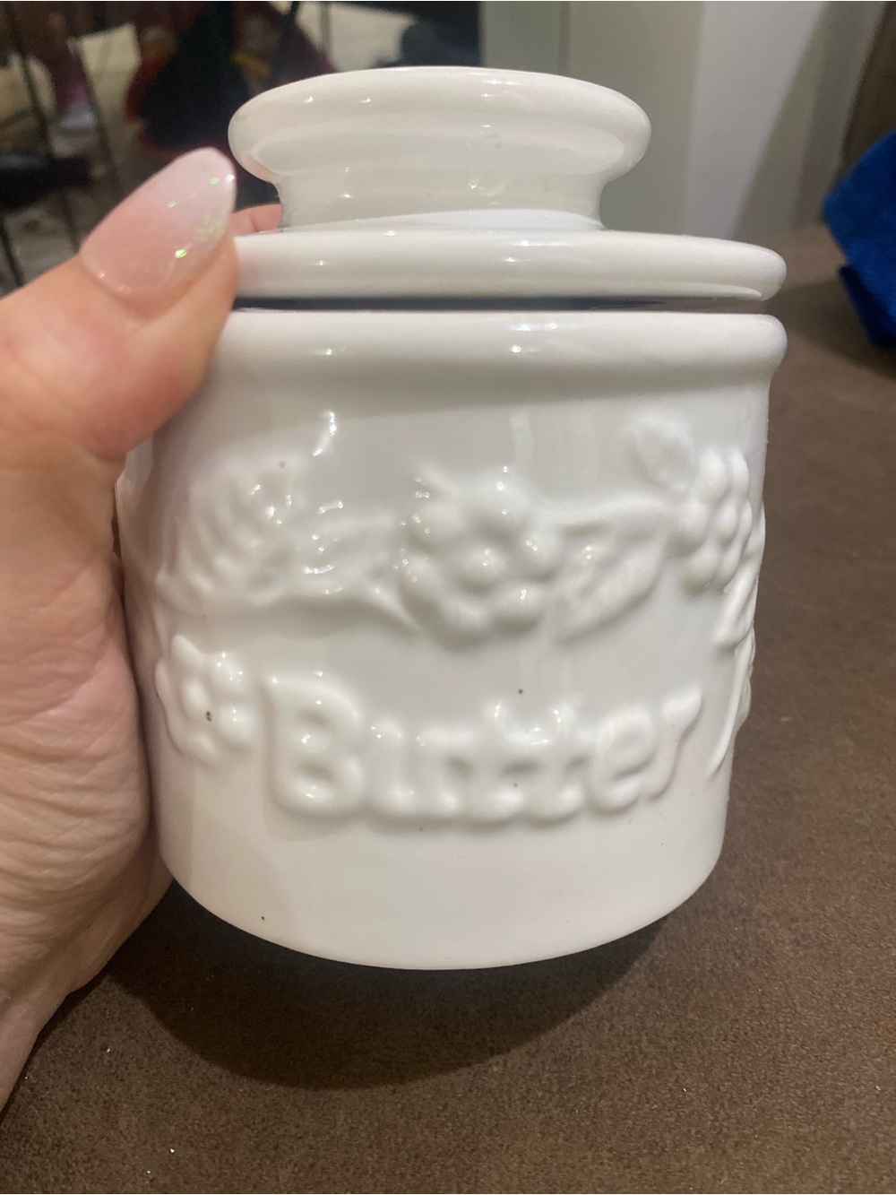 Butter White Ceramic Butter Crock with Floral Embossing